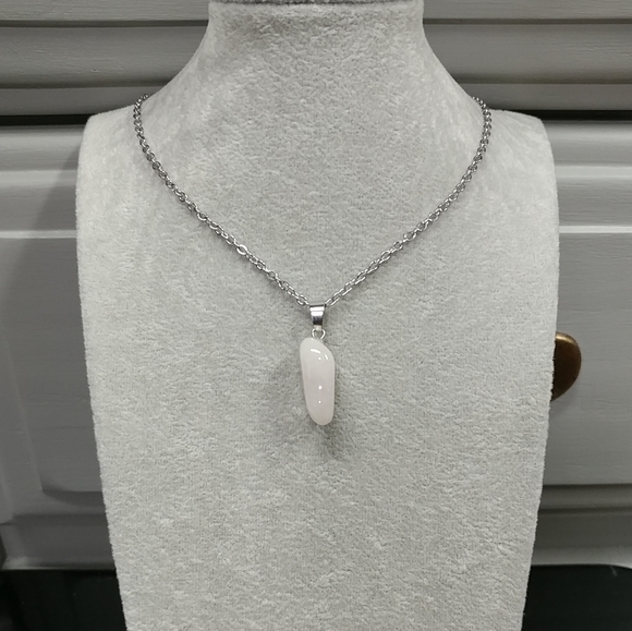 Rose Quartz Necklace Natural Gemstone Pink Crystal Pendant Stainless-Steel Chain - Picture 3 of 17